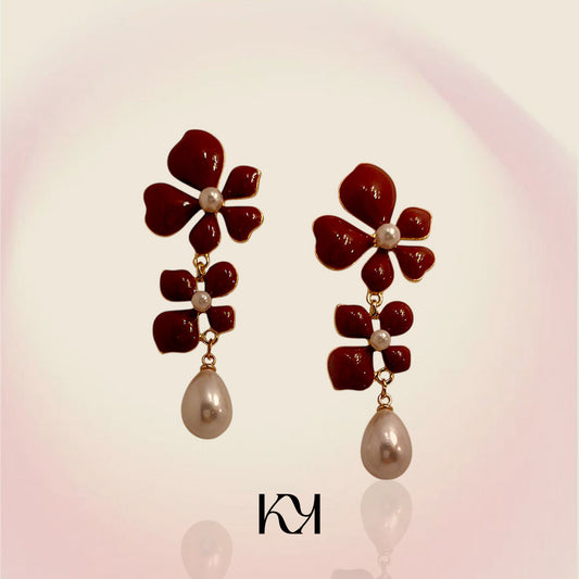 Enamel Flower with Pearl Drop Earrings